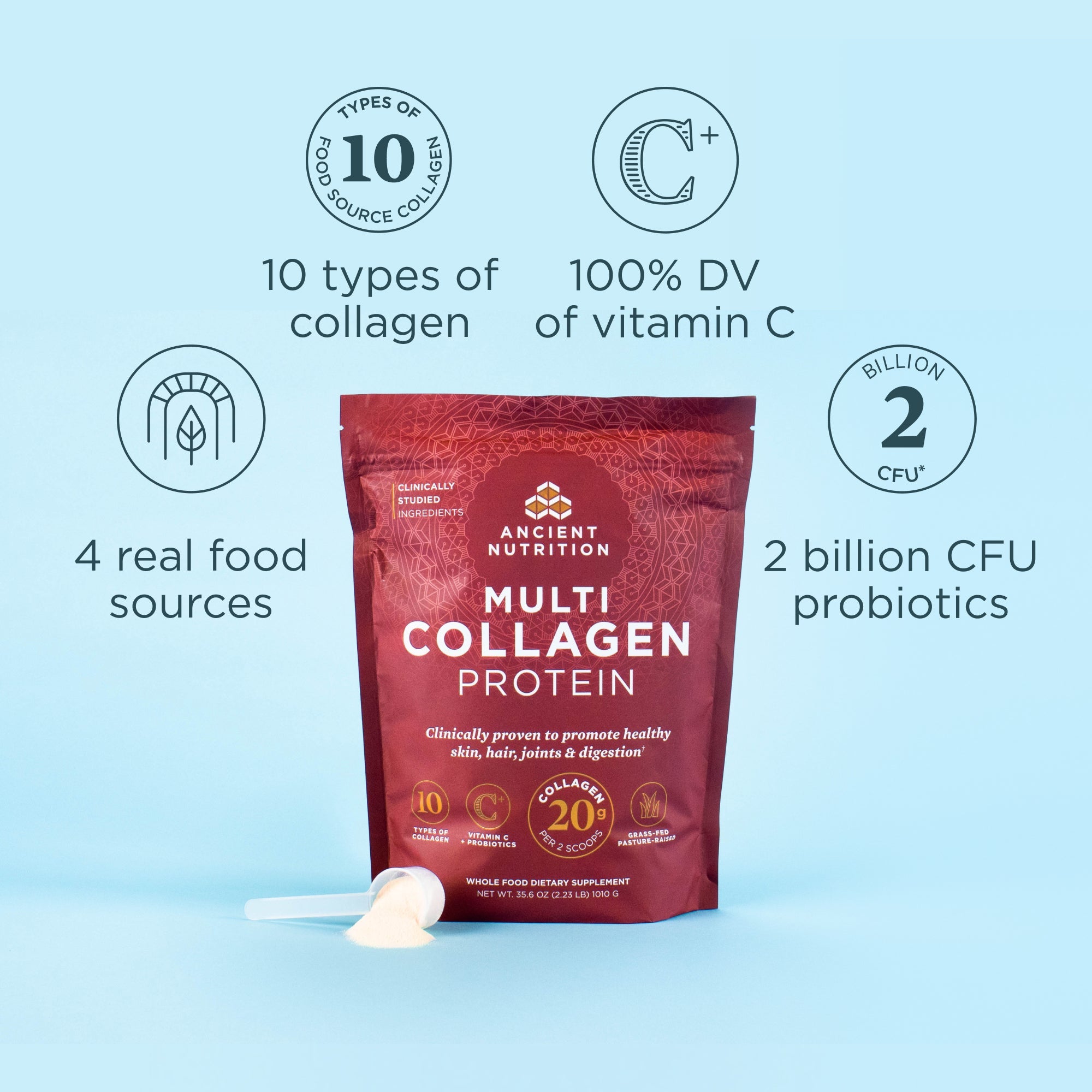 Multi Collagen Protein Powder Unflavored 100 Servings on a blue background