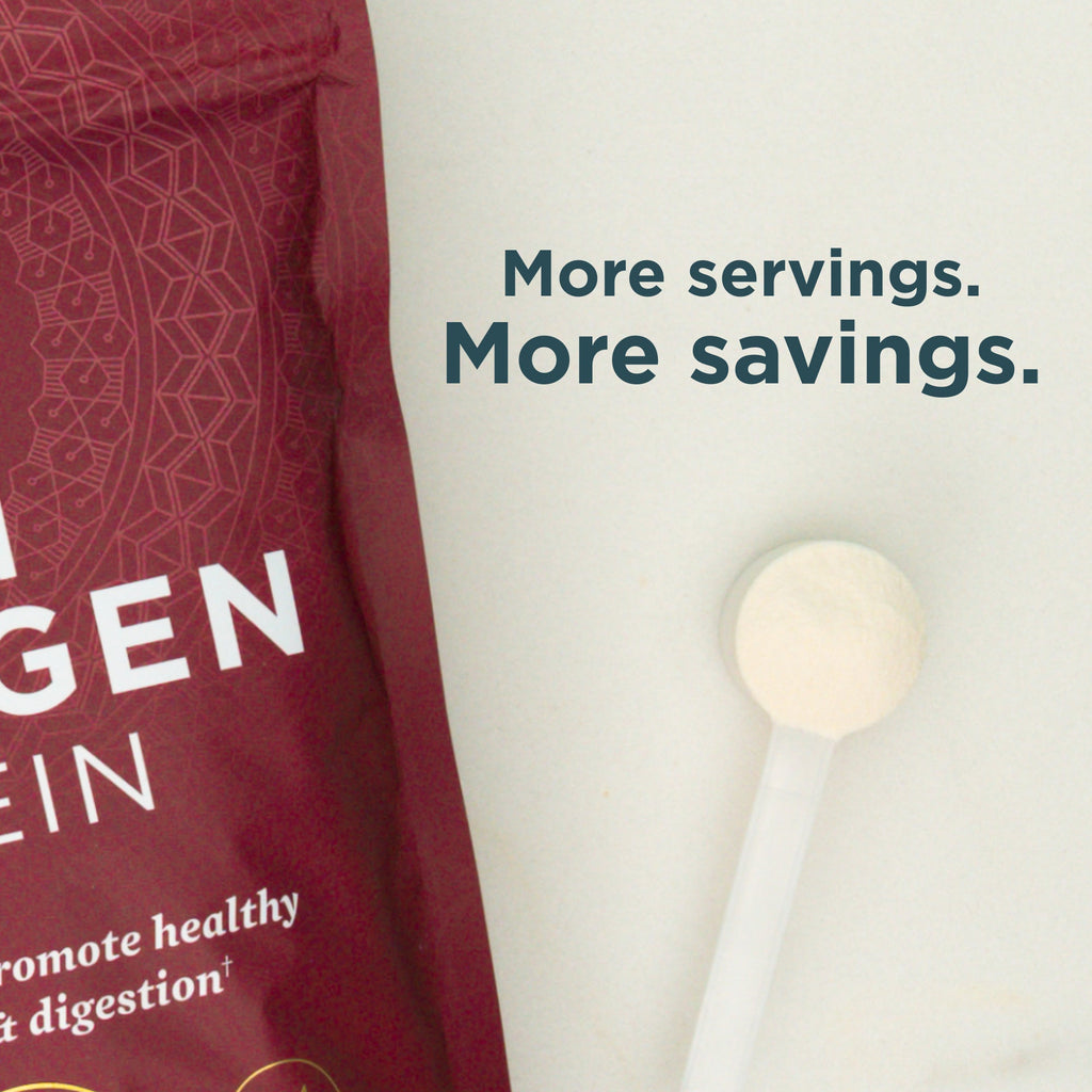 a scoop of multi collagen protein with text that says more servings, more savings