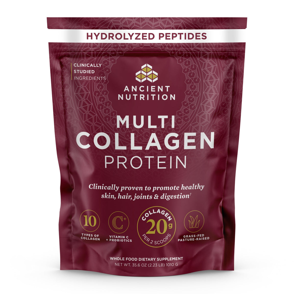 Multi Collagen Protein Powder Unflavored (100 Servings) bottle with a callout at the top that says hydrolyzed peptides