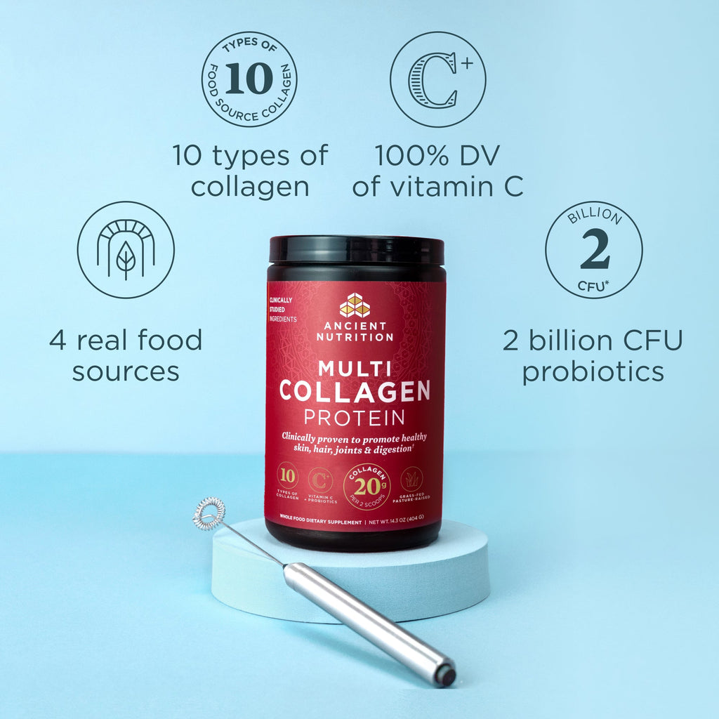 bottle of Multi Collagen Protein Powder Unflavored 24 Servings on a blue background