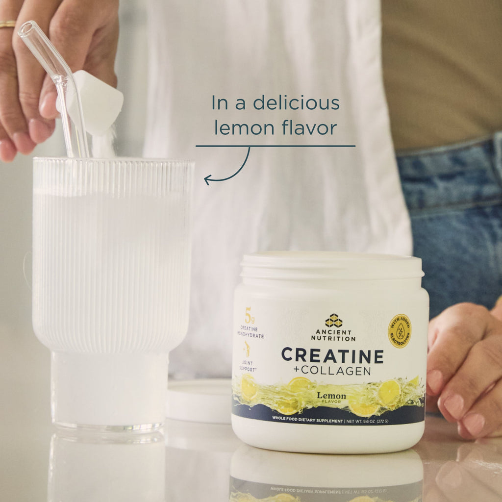 Creatine + Collagen supplement container with lemon flavor text