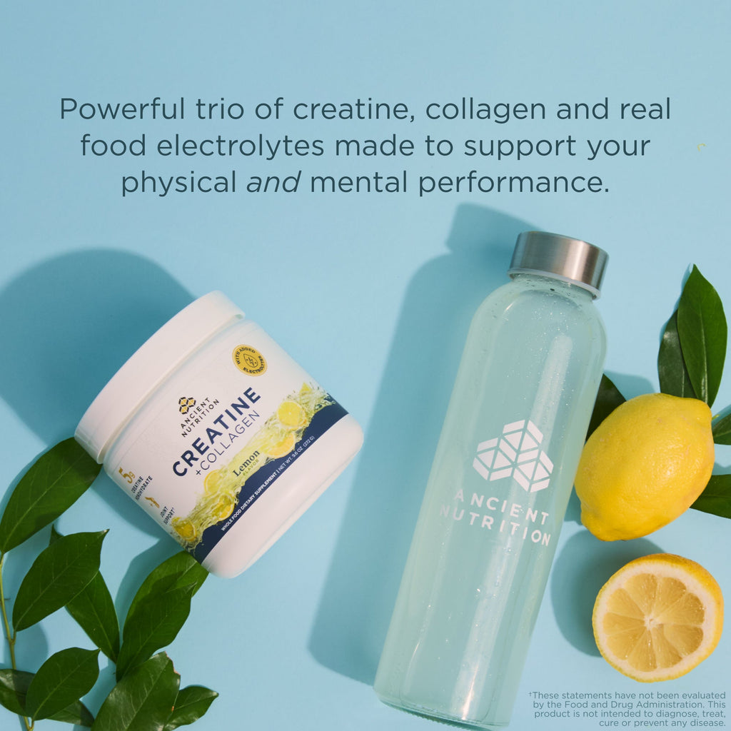 Ancient Nutrition creatine and collagen supplement jar with a water bottle and lemons on a blue background