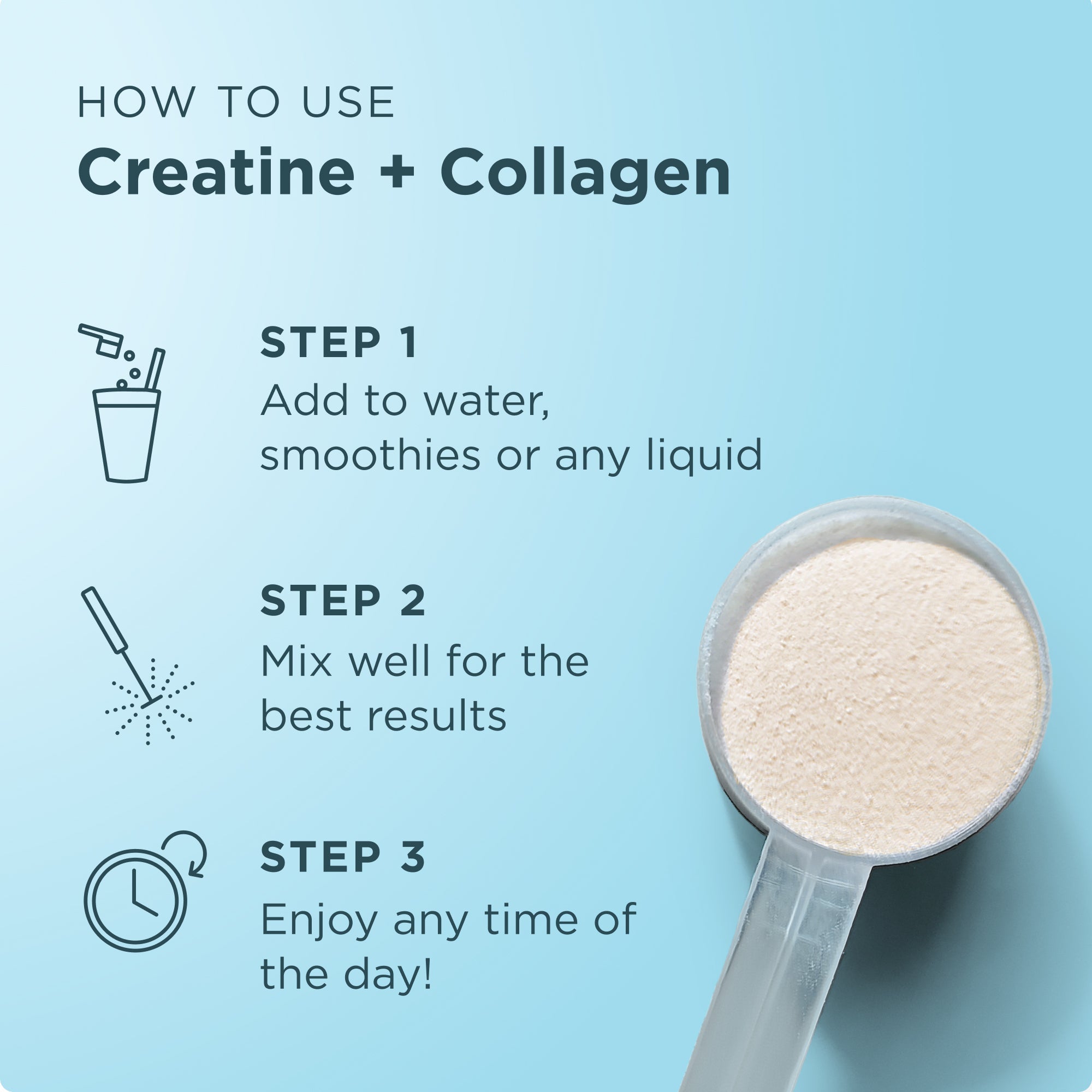 Instructions on how to use creatine + collagen powder with a scoop on a light blue background