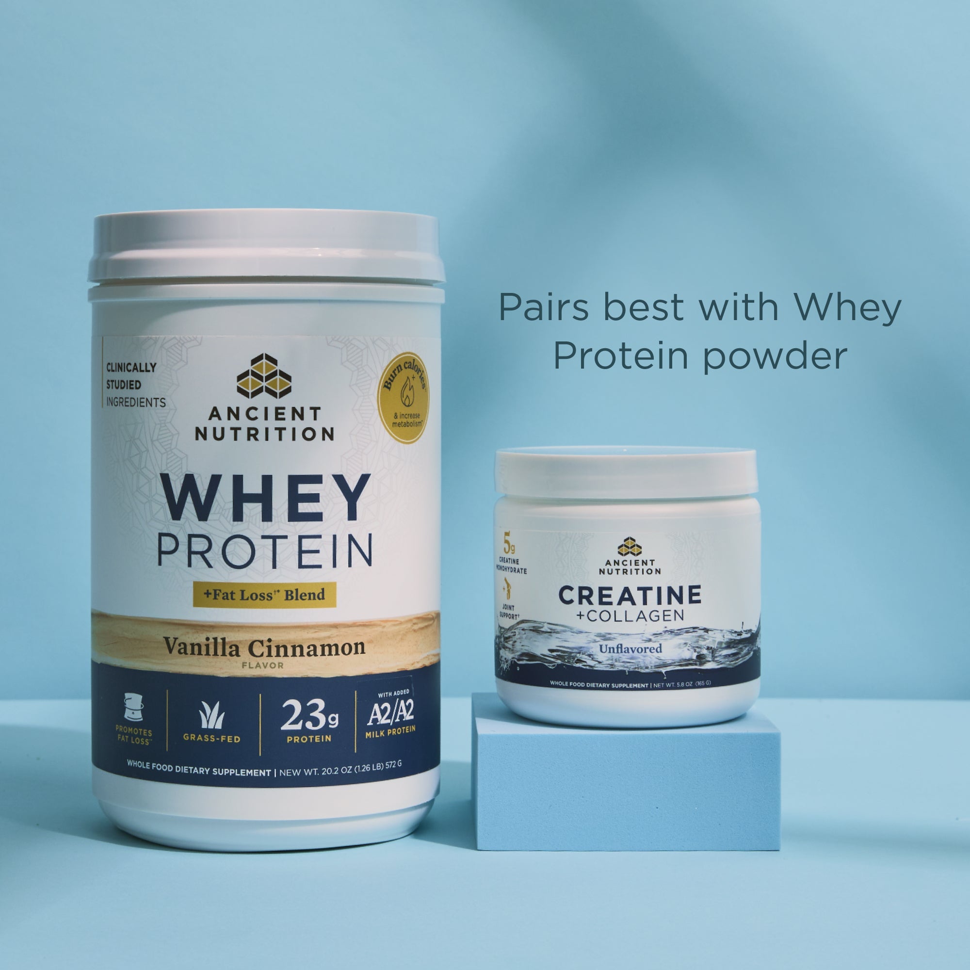 Two containers of Ancient Nutrition whey protein and creatine on a light blue background