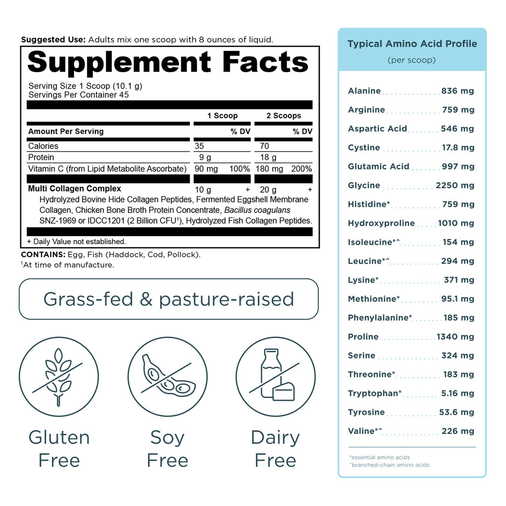Multi Collagen Protein Powder Unflavored (45 servings) supplement facts label