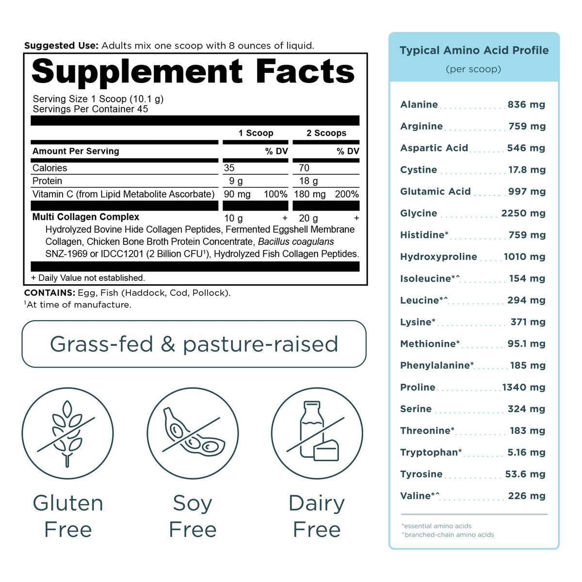 Multi Collagen Protein Powder Unflavored (45 servings) supplement facts label