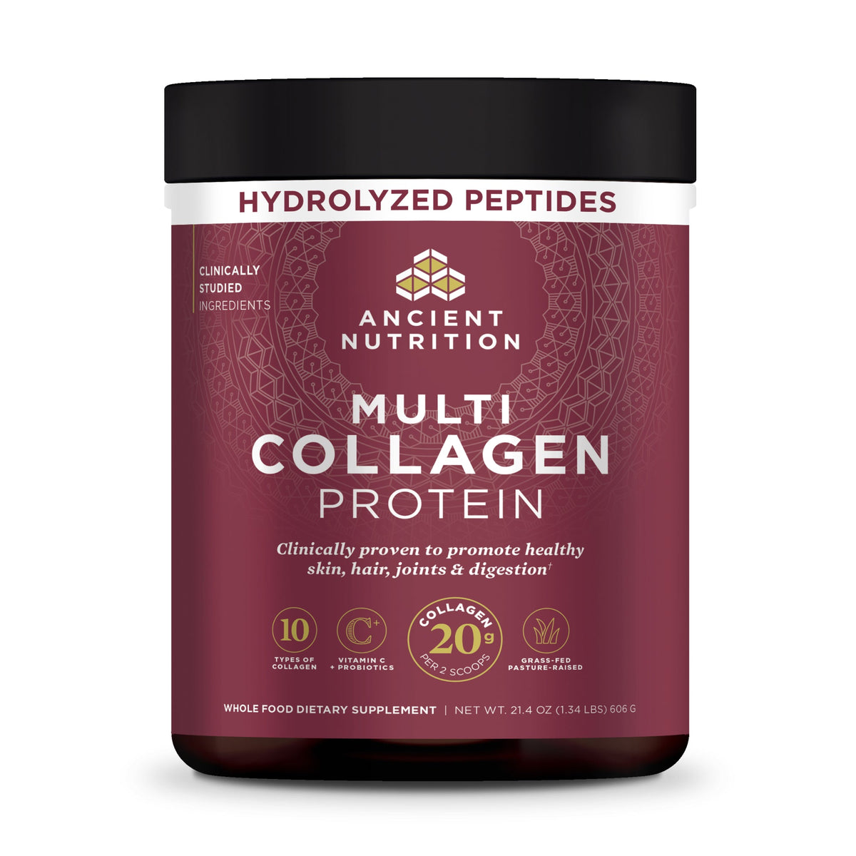 Multi Collagen Protein Powder Unflavored (60 Servings) bottle with a callout that says hydrolyzed peptides