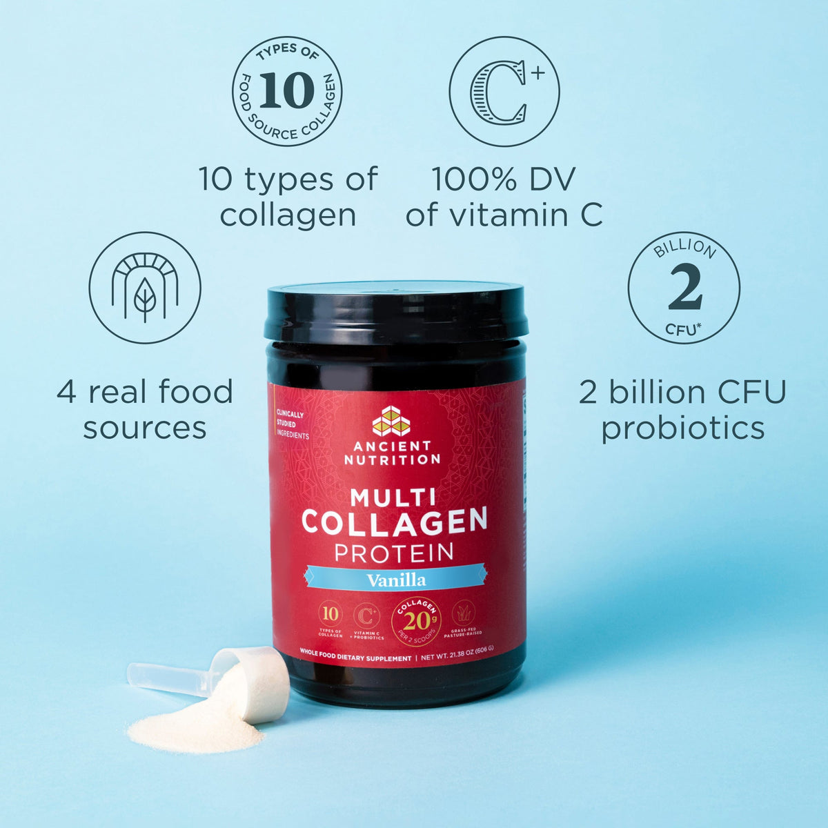 Multi Collagen Protein Powder Vanilla 24 Servings on a blue background