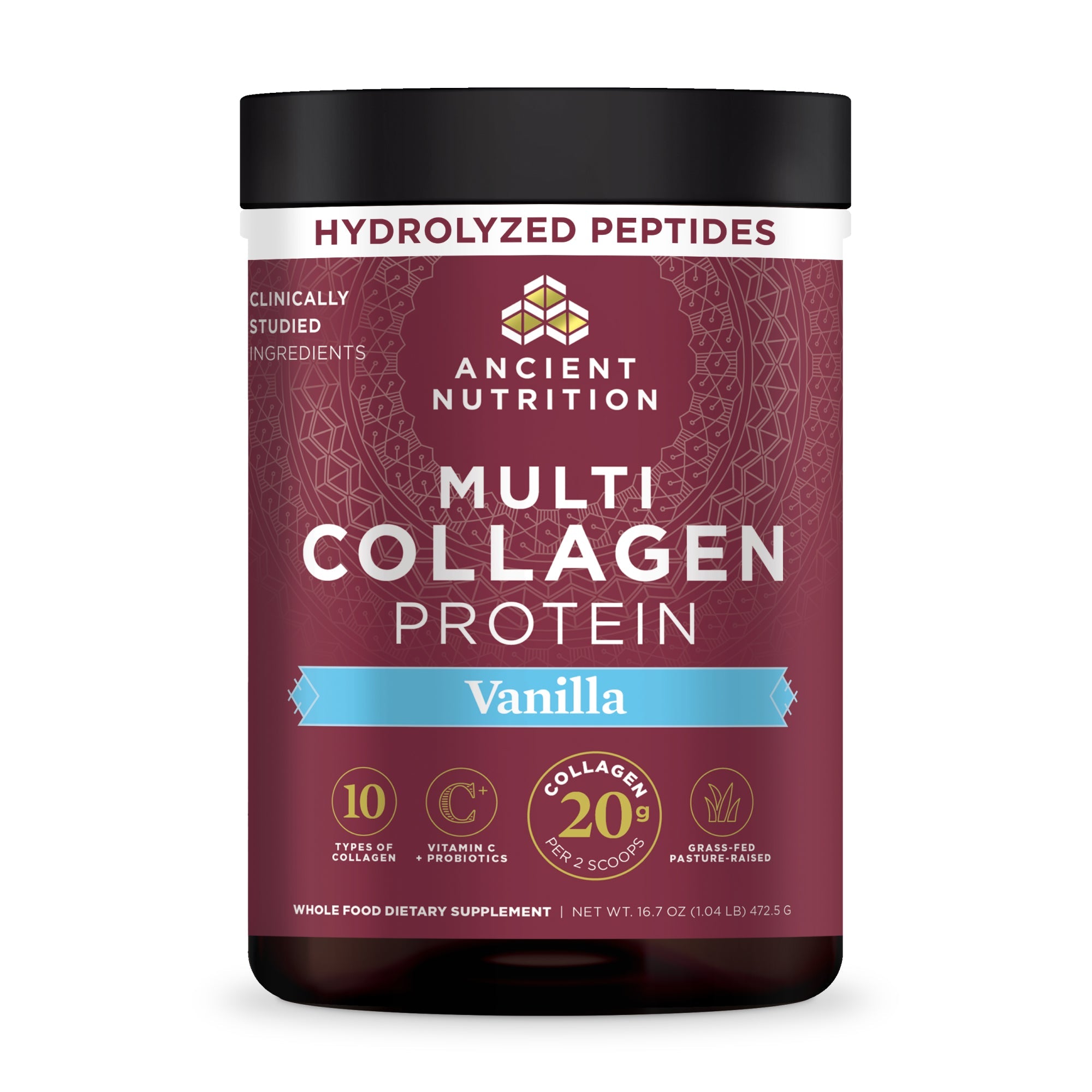 Multi Collagen Protein Powder Vanilla (45 Servings) bottle with a hydrolyzed peptides callout on the top of the bottle