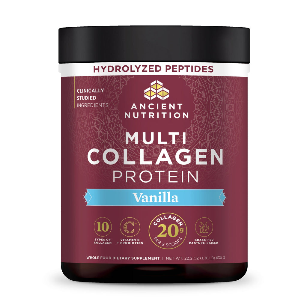 Multi Collagen Protein Powder Vanilla (60 Servings) bottle with hydrolyzed peptides called out at the top of the bottle