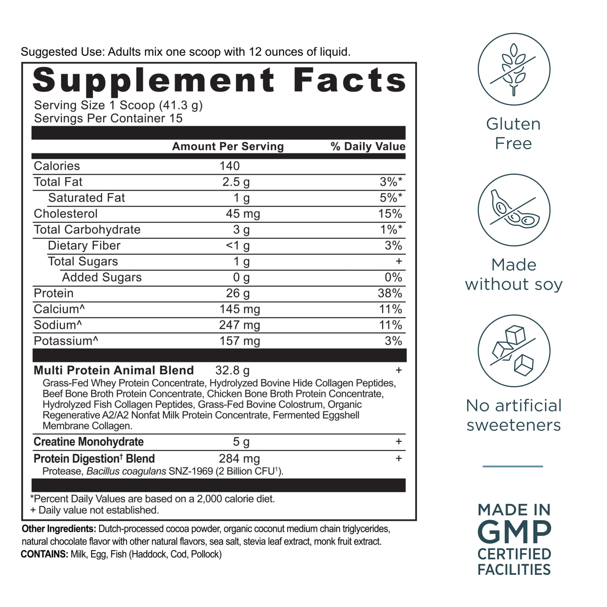 Multi Protein + Creatine Powder Dark Chocolate (15 Servings) supplement facts panel