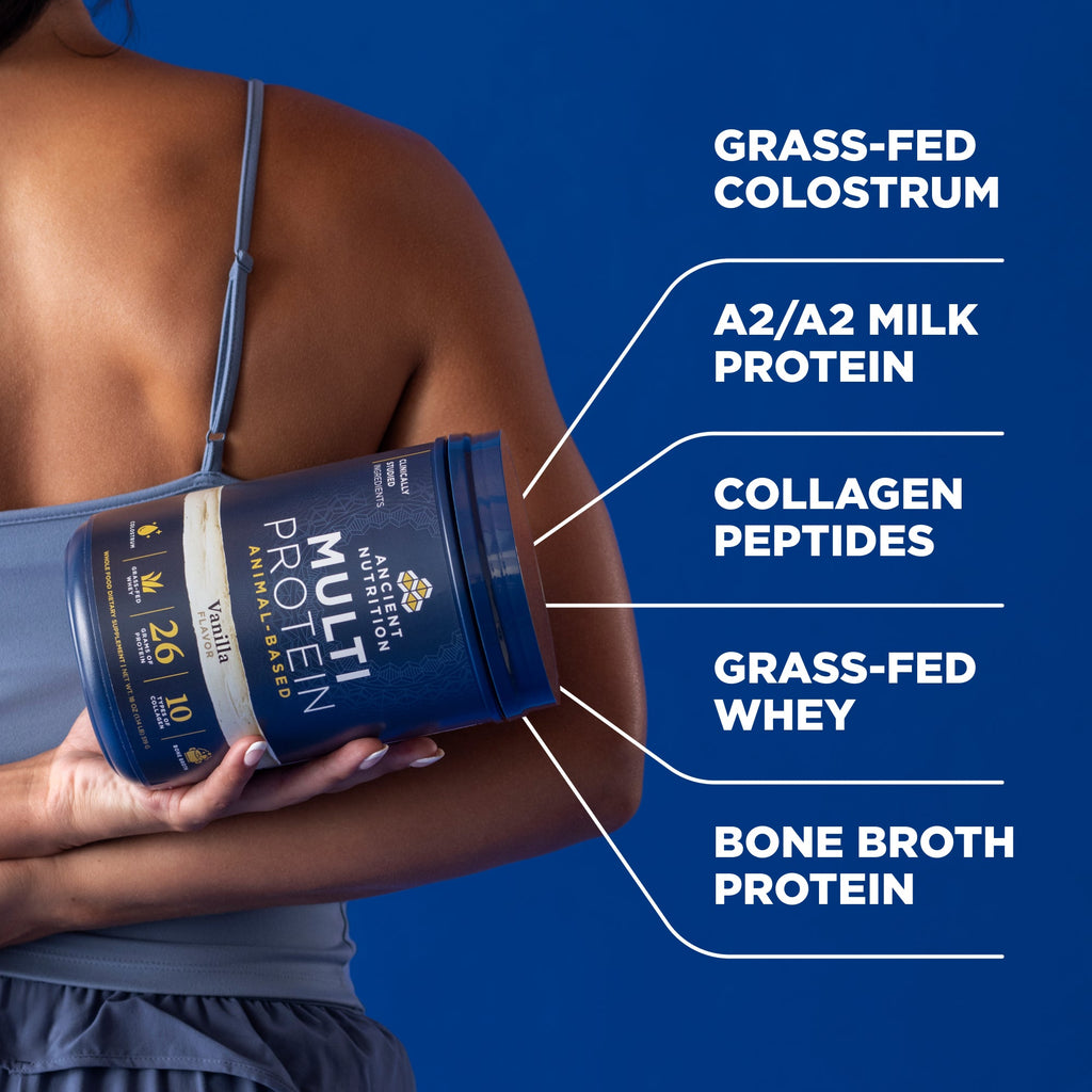Person holding a protein supplement with text detailing its ingredients on a blue background