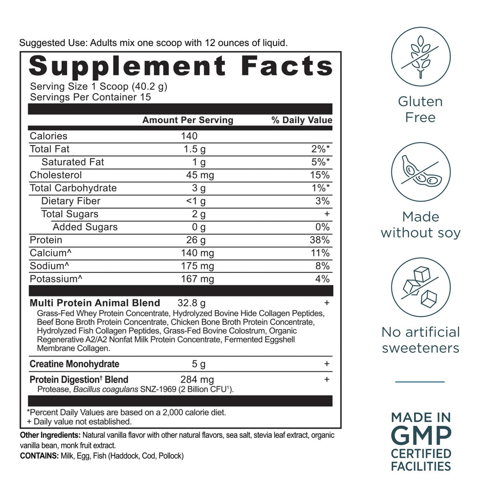 Multi Protein + Creatine Powder Vanilla Bean (15 Servings) supplement facts panel