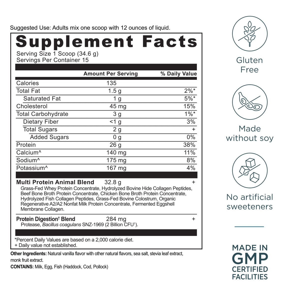 Multi Protein Powder Vanilla (15 Servings) supplement facts panel