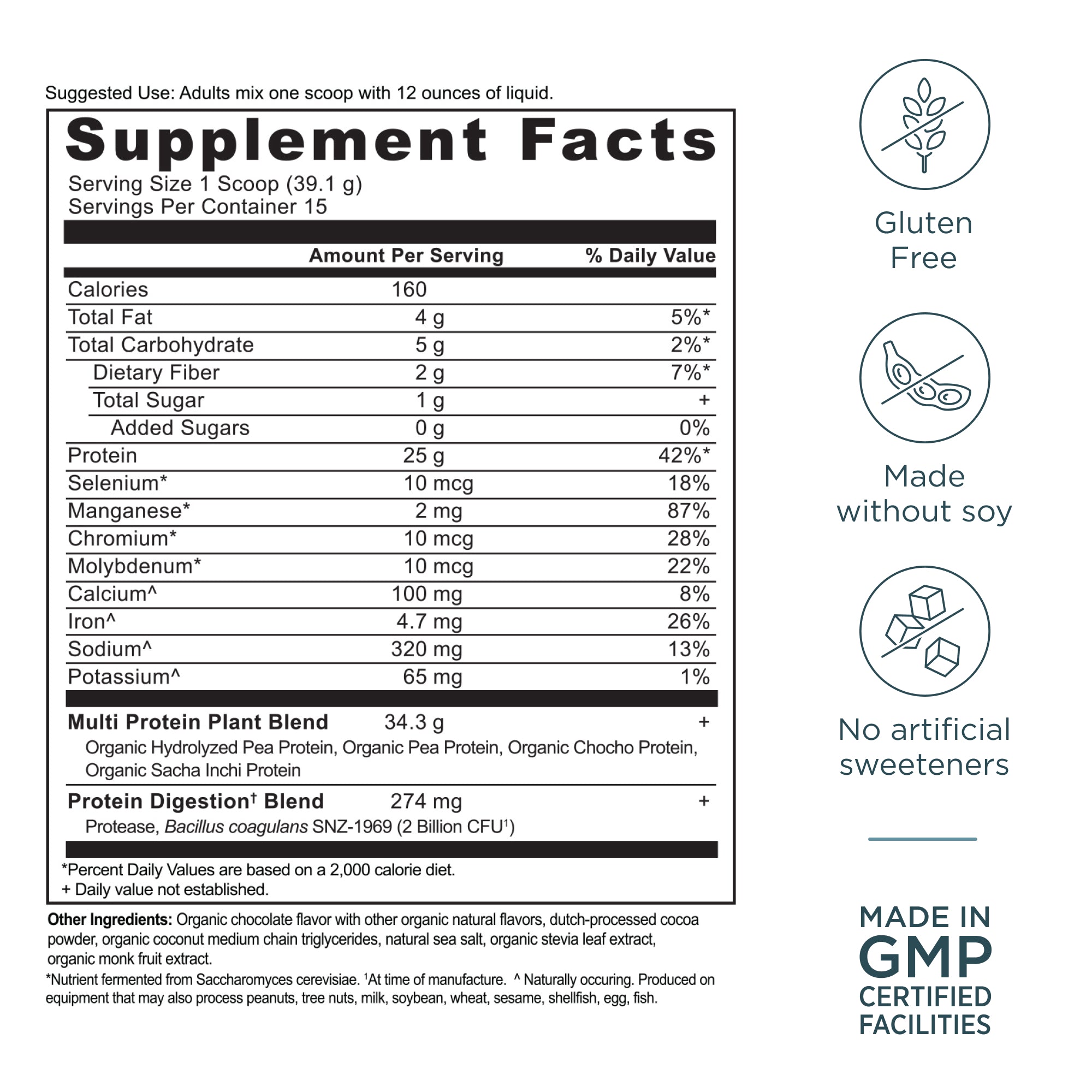 Multi Protein Plant Based Powder Chocolate (15 Servings) supplement facts panel
