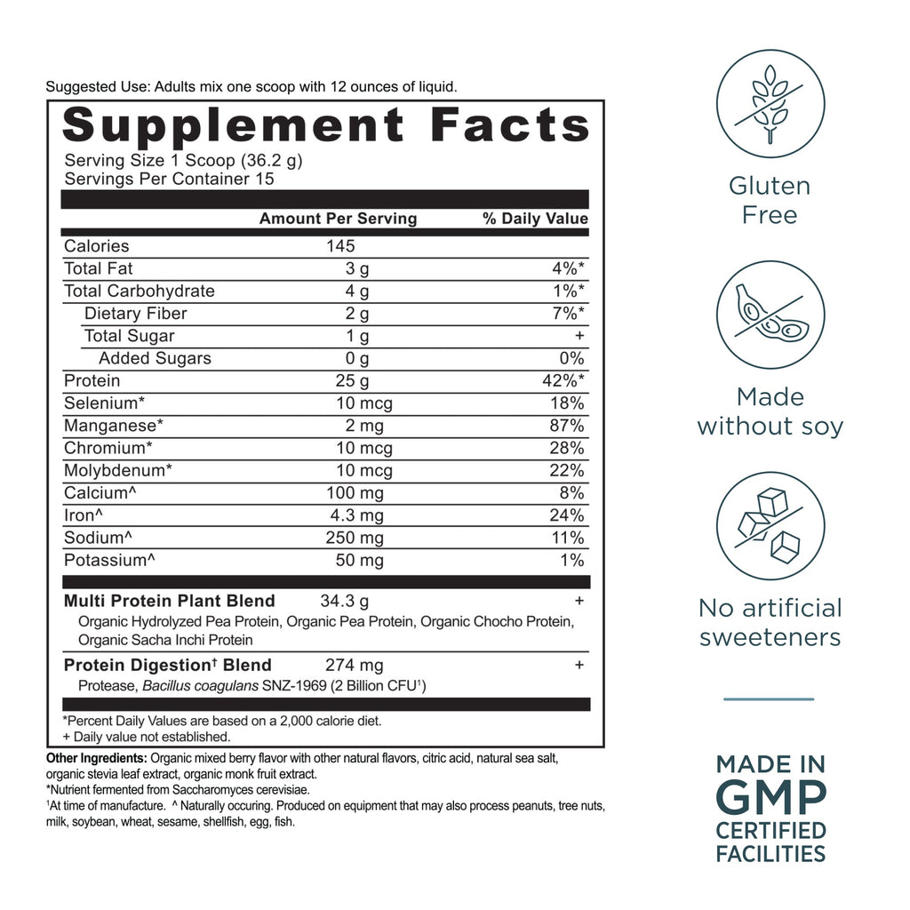 Multi Protein Plant Based Powder Mixed Berry (15 Servings) supplement facts panel
