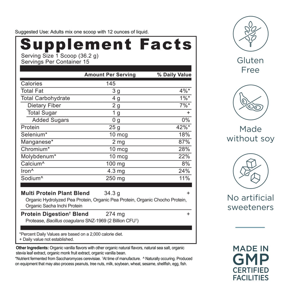 Multi Protein Plant Based Powder Vanilla (15 Servings) supplement facts panel