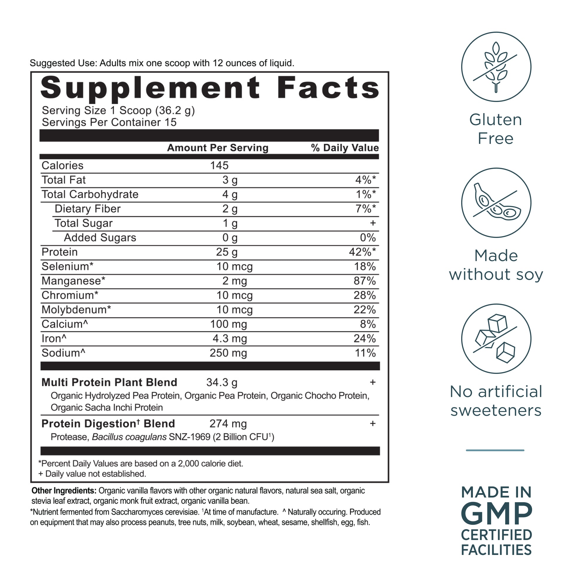 Multi Protein Plant Based Powder Vanilla (15 Servings) supplement facts panel