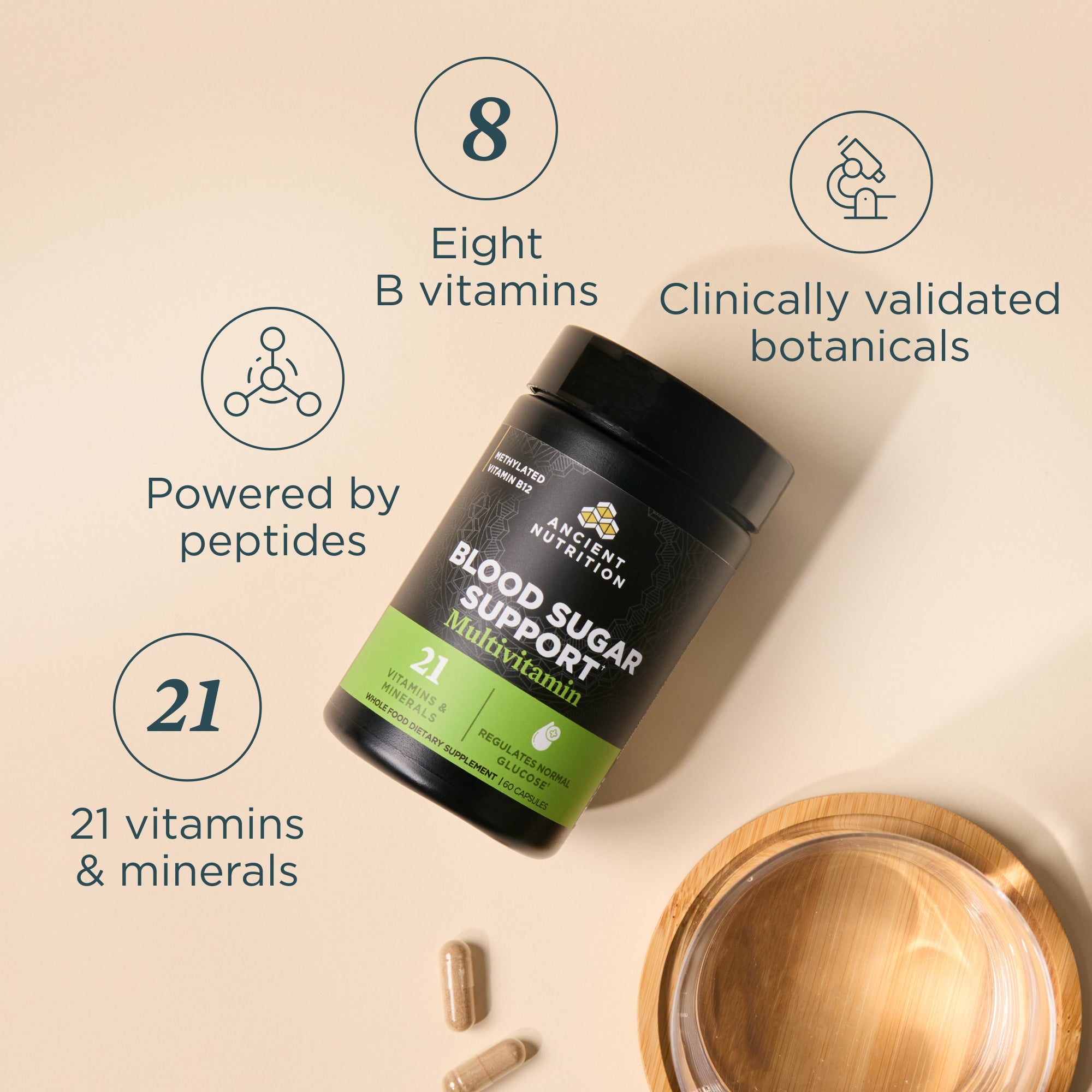 Multivitamin supplement bottle with text highlighting features on a beige background