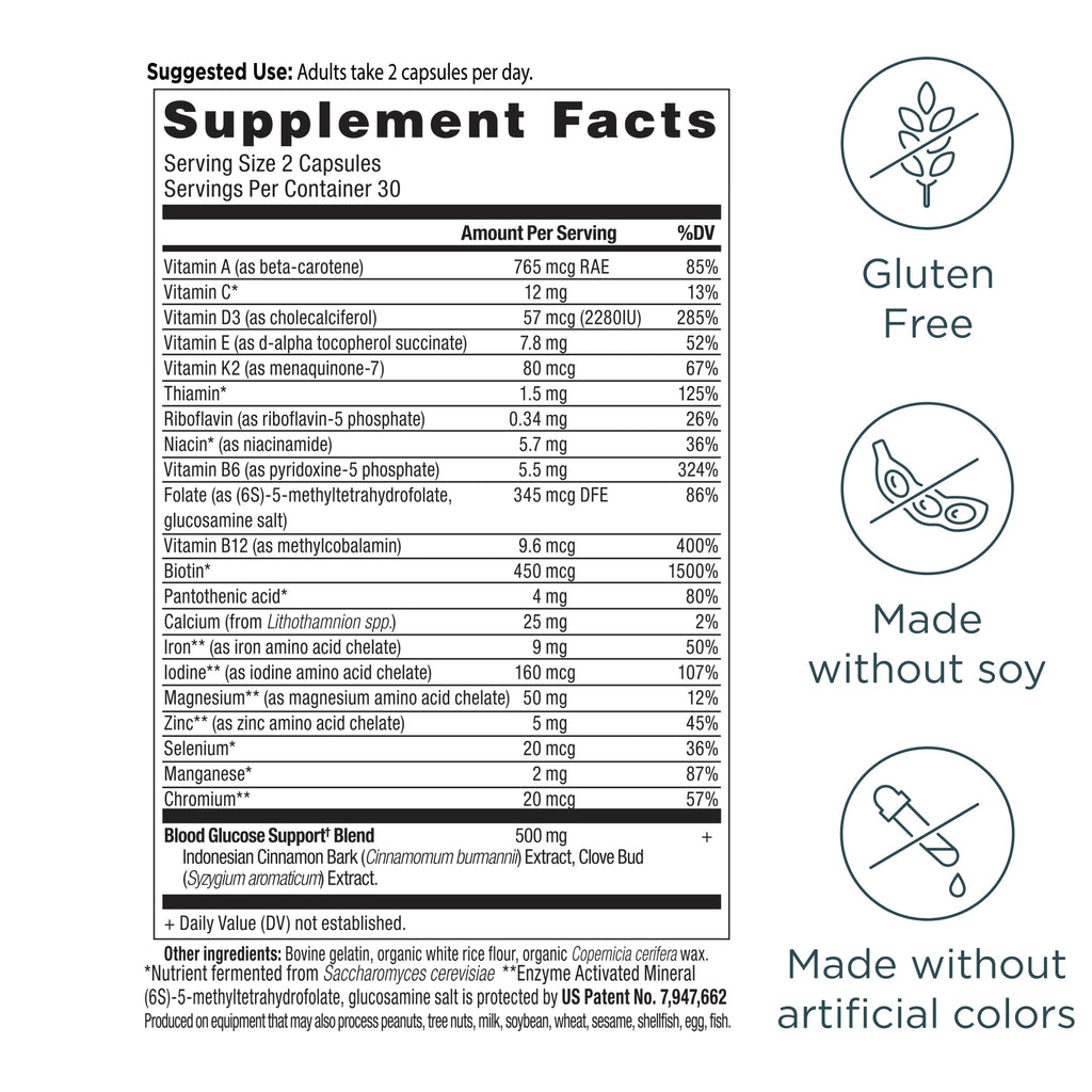 Blood Sugar Multivitamin Capsules (60 Capsules) supplement facts panel