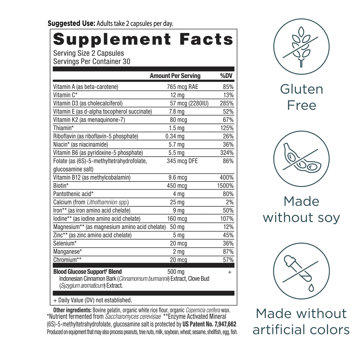 Blood Sugar Multivitamin Capsules (60 Capsules) supplement facts panel