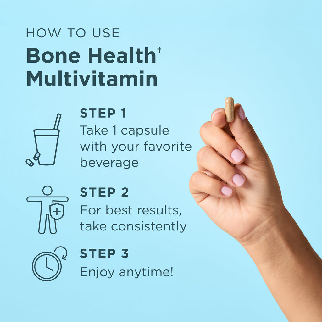 Hand holding a bone health multivitamin capsule with usage instructions on a light blue background