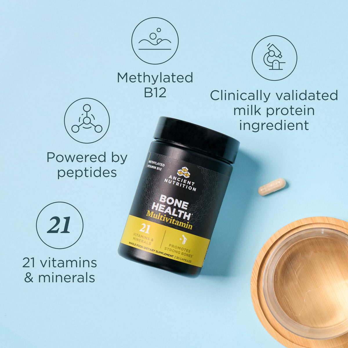 Multivitamin supplement bottle with text highlighting features on a light blue background