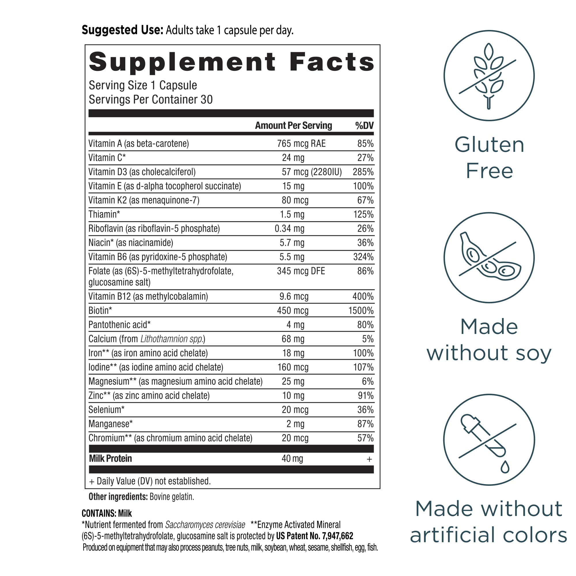 Bone Health Multivitamin Capsules (30 Capsules) supplement facts panel