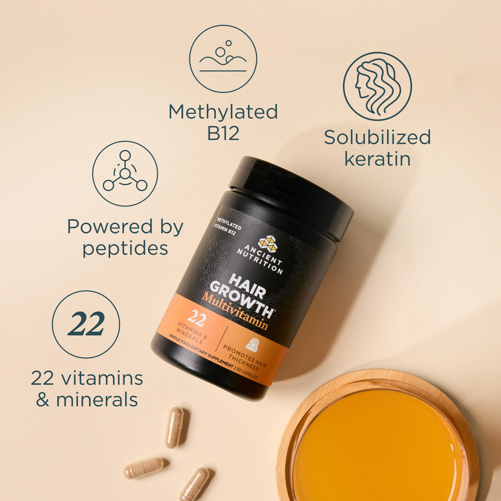 Hair growth multivitamin bottle with ingredients listed on a beige background