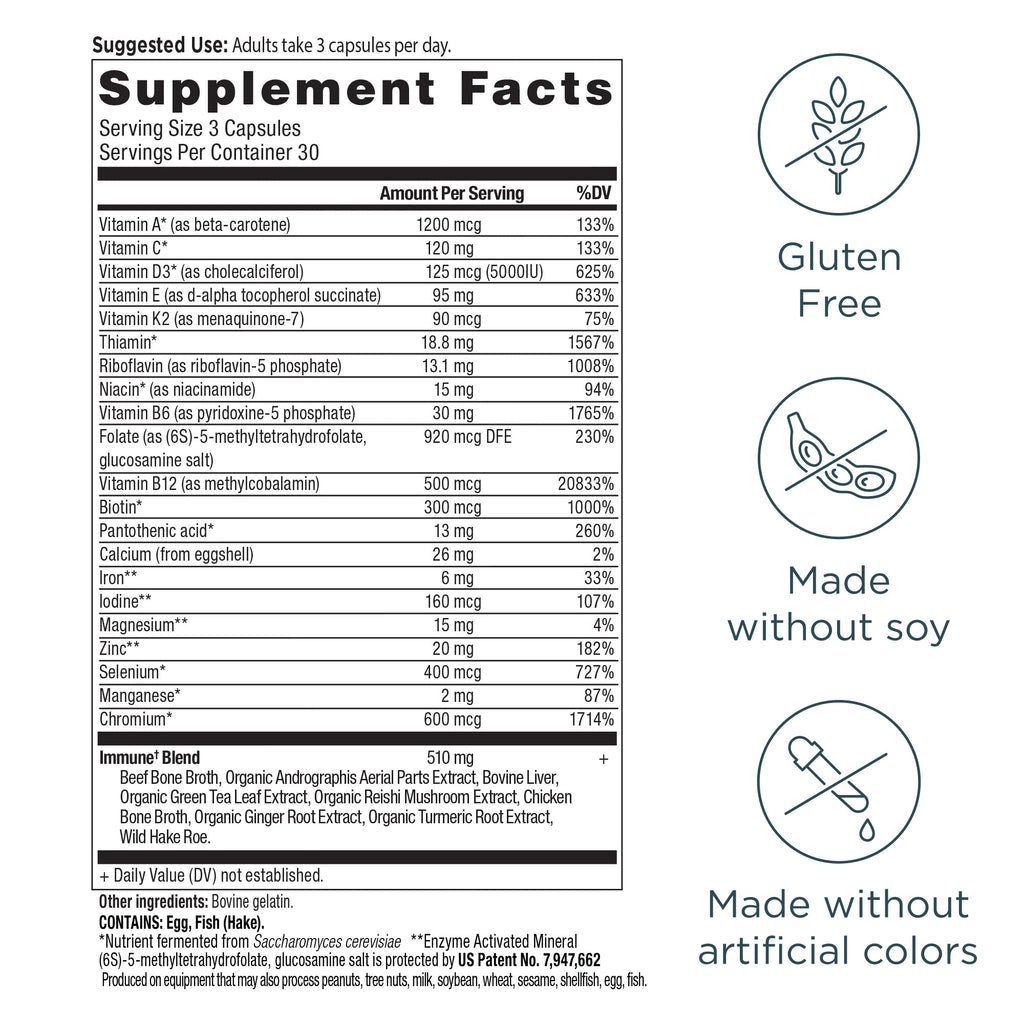 Ancient Multivitamin Immune Capsules (90 Capsules) supplement facts panel