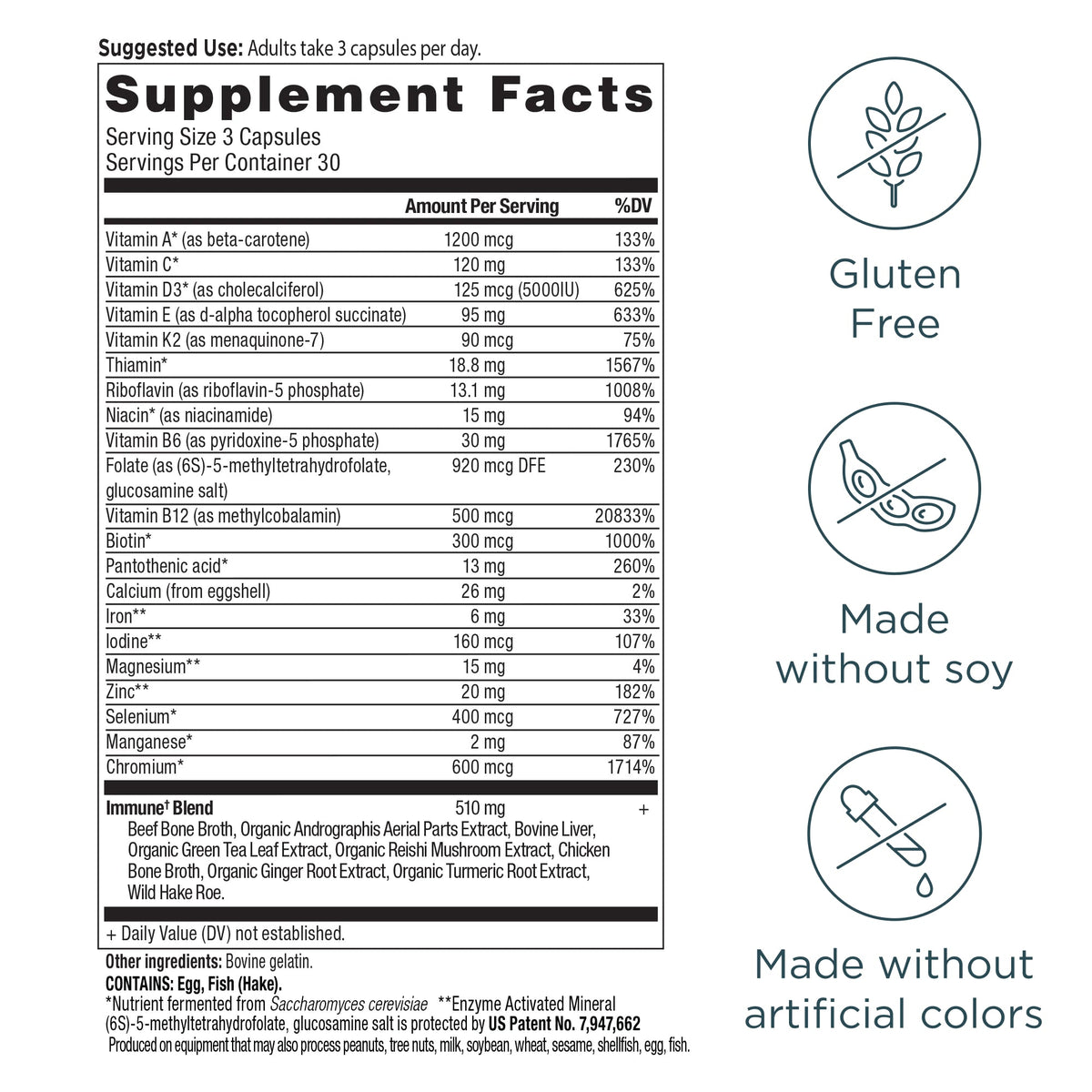 Ancient Multivitamin Immune Capsules (90 Capsules) supplement facts panel