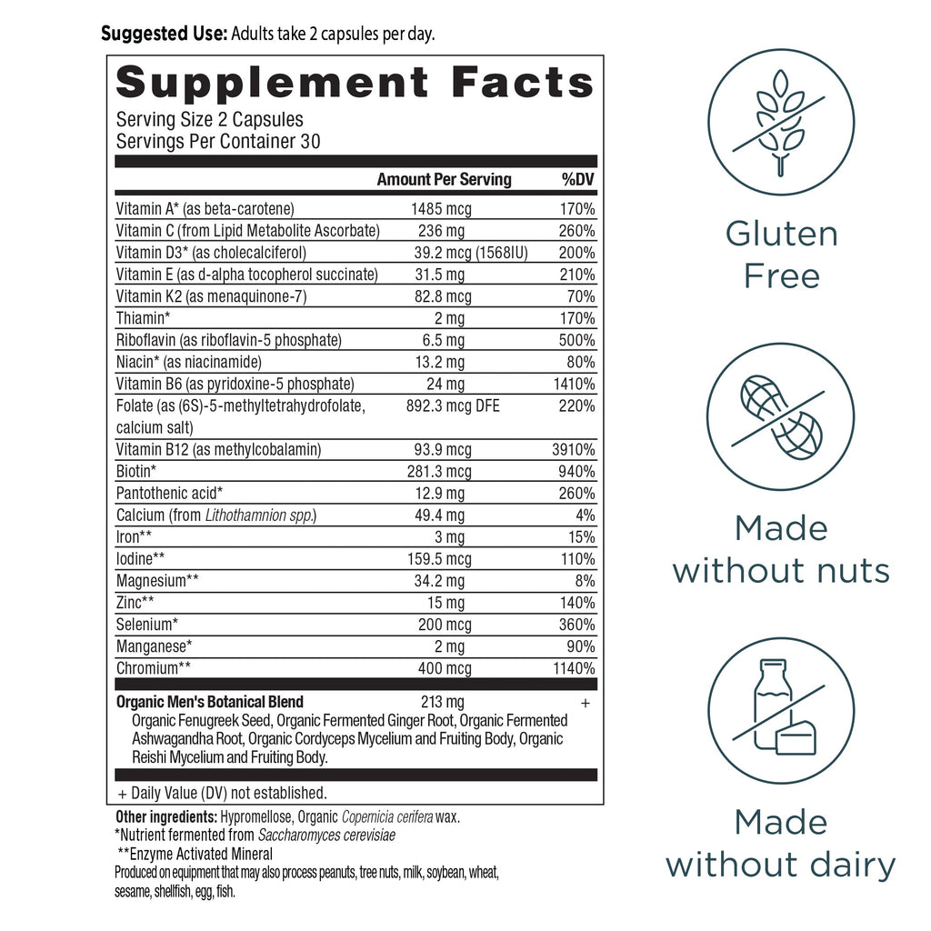 Men's Fermented Multivitamin Capsules (60 Capsules) supplement facts panel