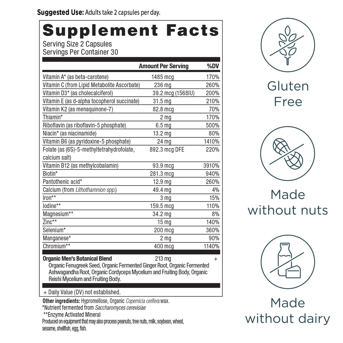 Men's Fermented Multivitamin Capsules (60 Capsules) supplement facts panel