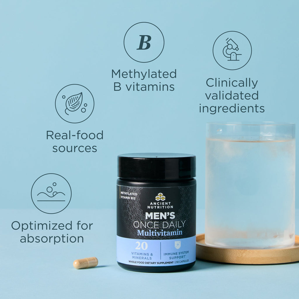 a bottle of Ancient Multivitamin Men's Once Daily Capsules (30 Capsules) with product benefit icons surrounding it