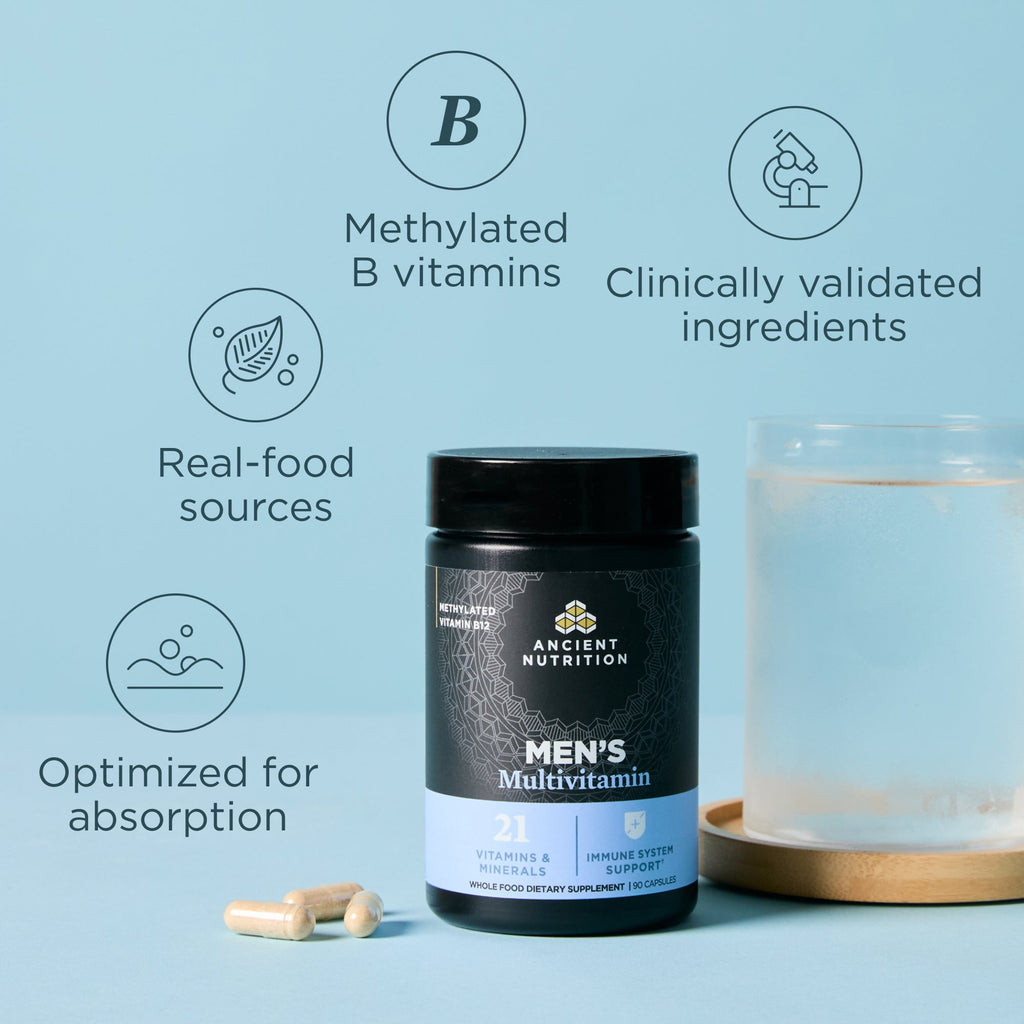 Ancient Multivitamin Men's Capsules (90 Capsules) bottle with key benefits on a light blue background