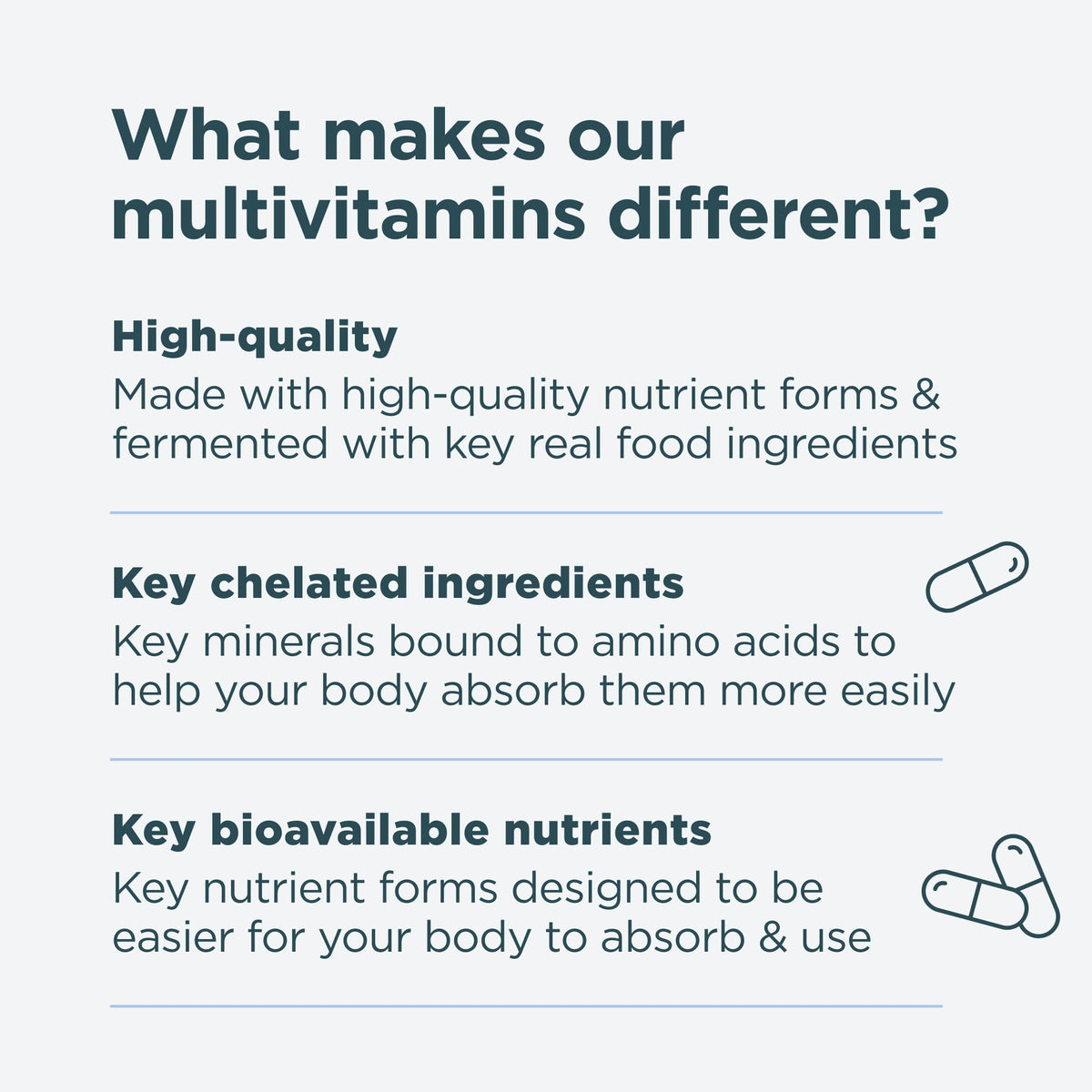 What makes our multivitamins different? High-quality, key chelated ingredients and key bioavailable nutrients