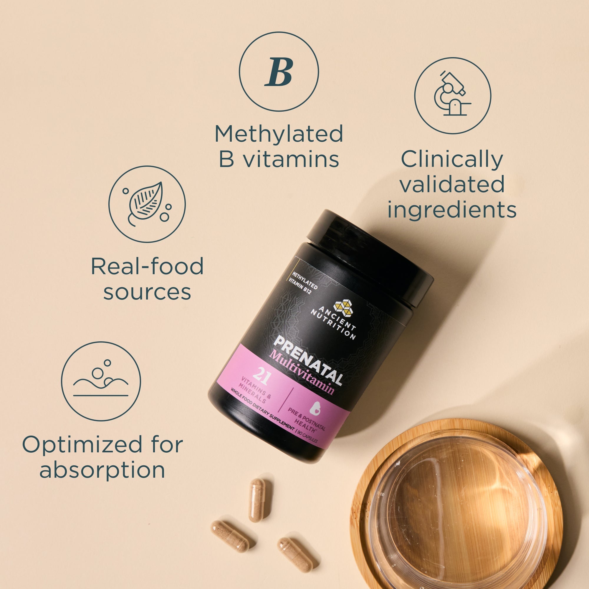 Ancient Multivitamin Prenatal Capsules bottle with labeled benefits on a beige background