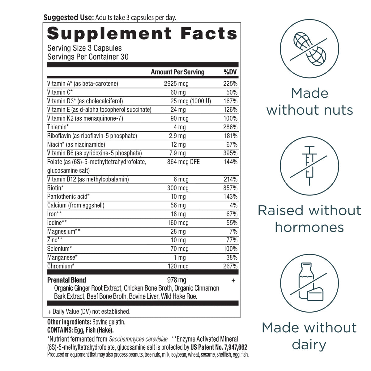 Ancient Multivitamin Prenatal Capsules (90 Capsules) supplement facts panel