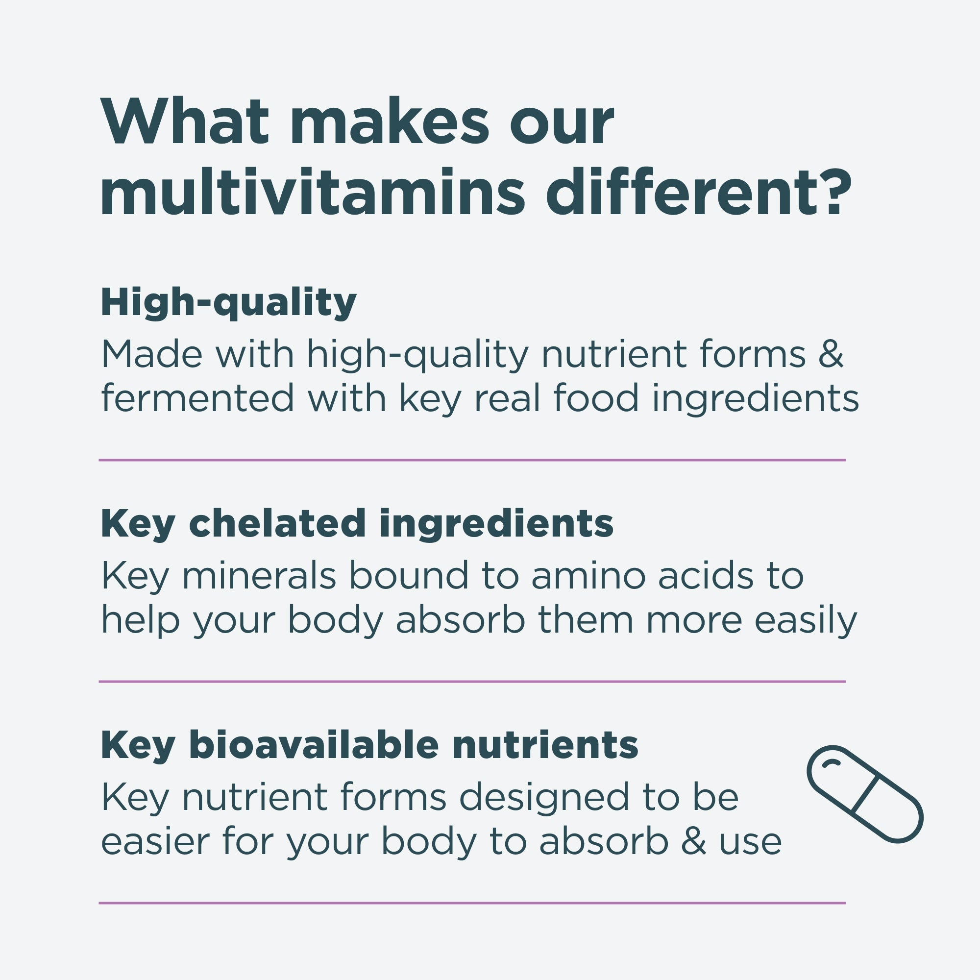 What makes our multivitamins different? High-quality, key chelated ingredients and key bioavailable nutrients