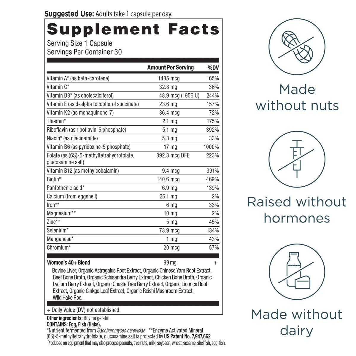 Ancient Multivitamin Women's 40+ Once Daily Capsules (30 Capsules) supplement facts panel
