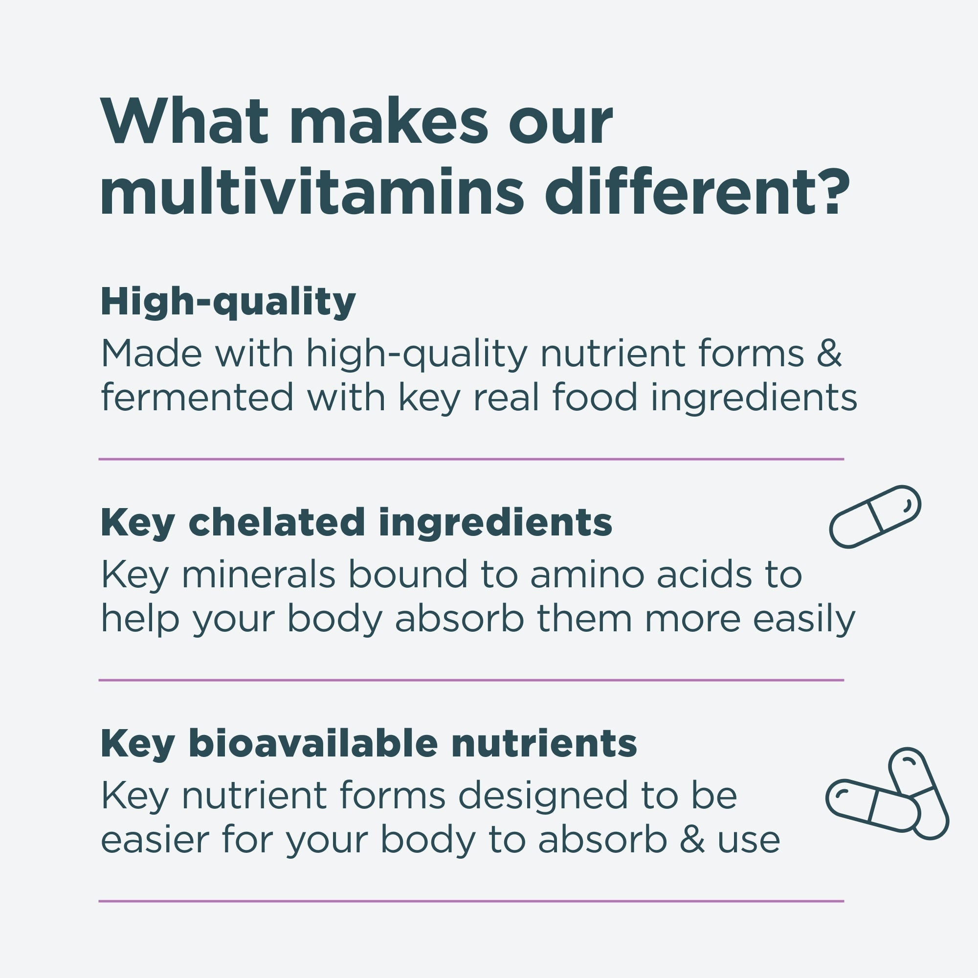 What makes our multivitamins different? High-quality, key chelated ingredients and key bioavailable nutrients