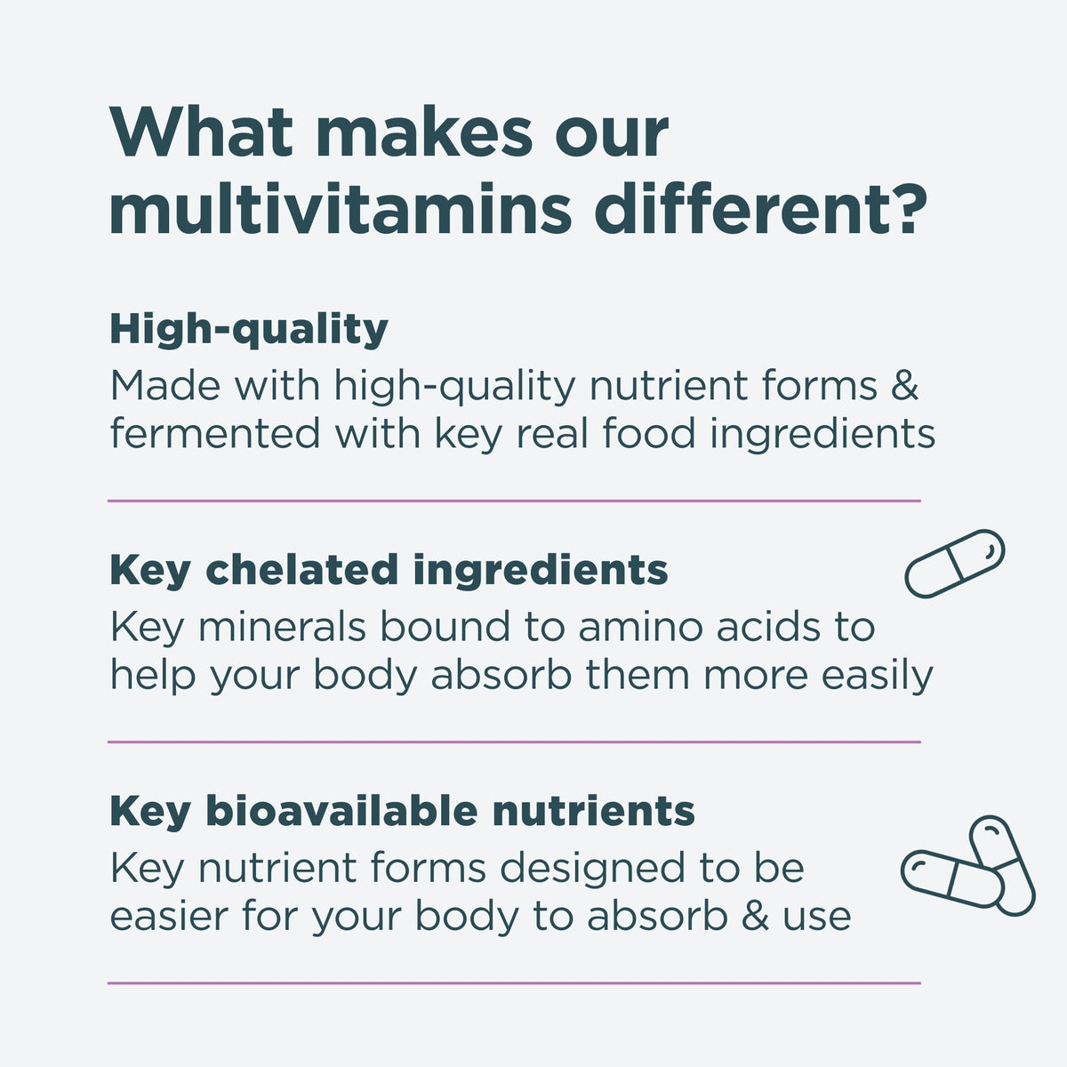 What makes our multivitamins different? High-quality, key chelated ingredients and key bioavailable nutrients