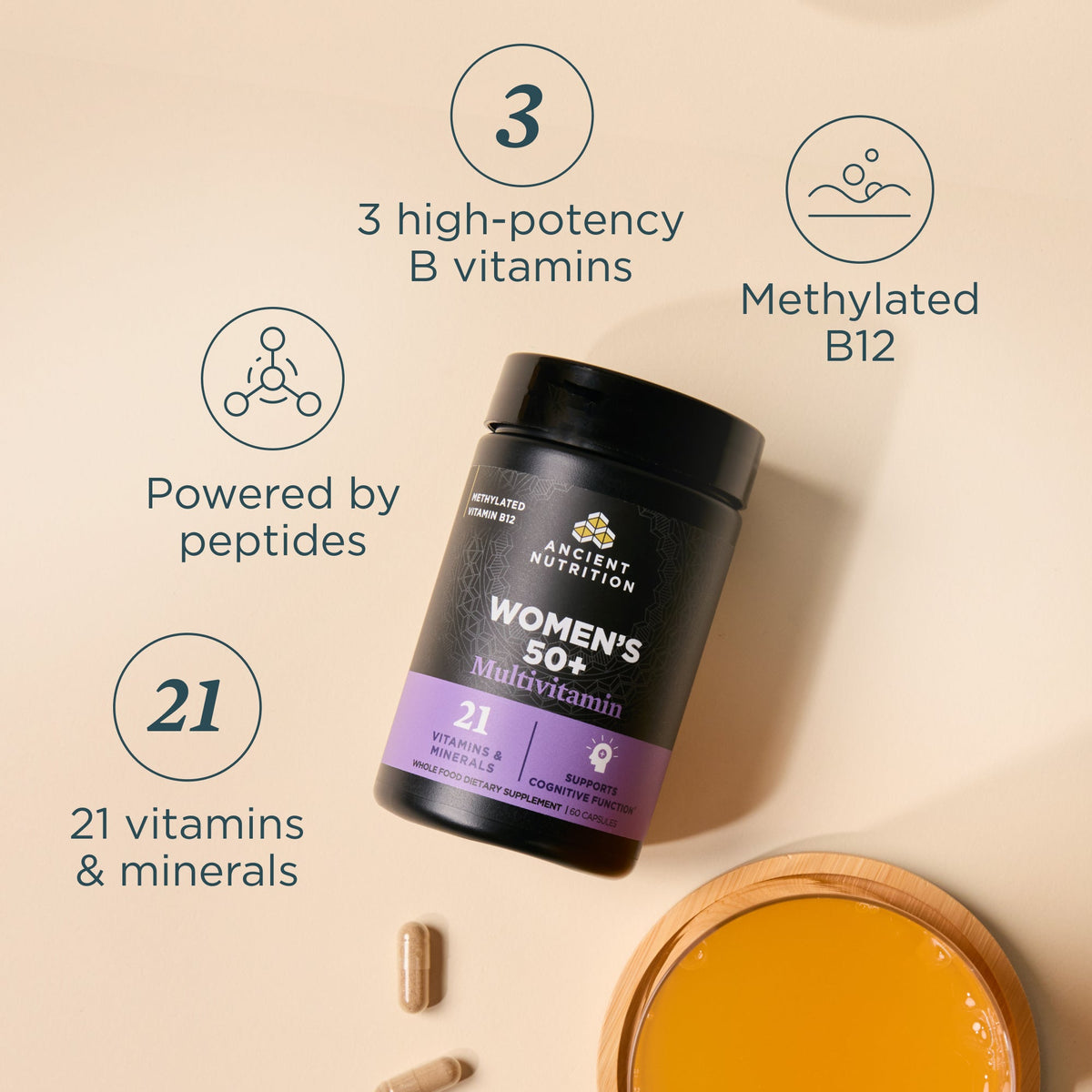 Women's 50+ multivitamin bottle with nutritional benefits on a beige background