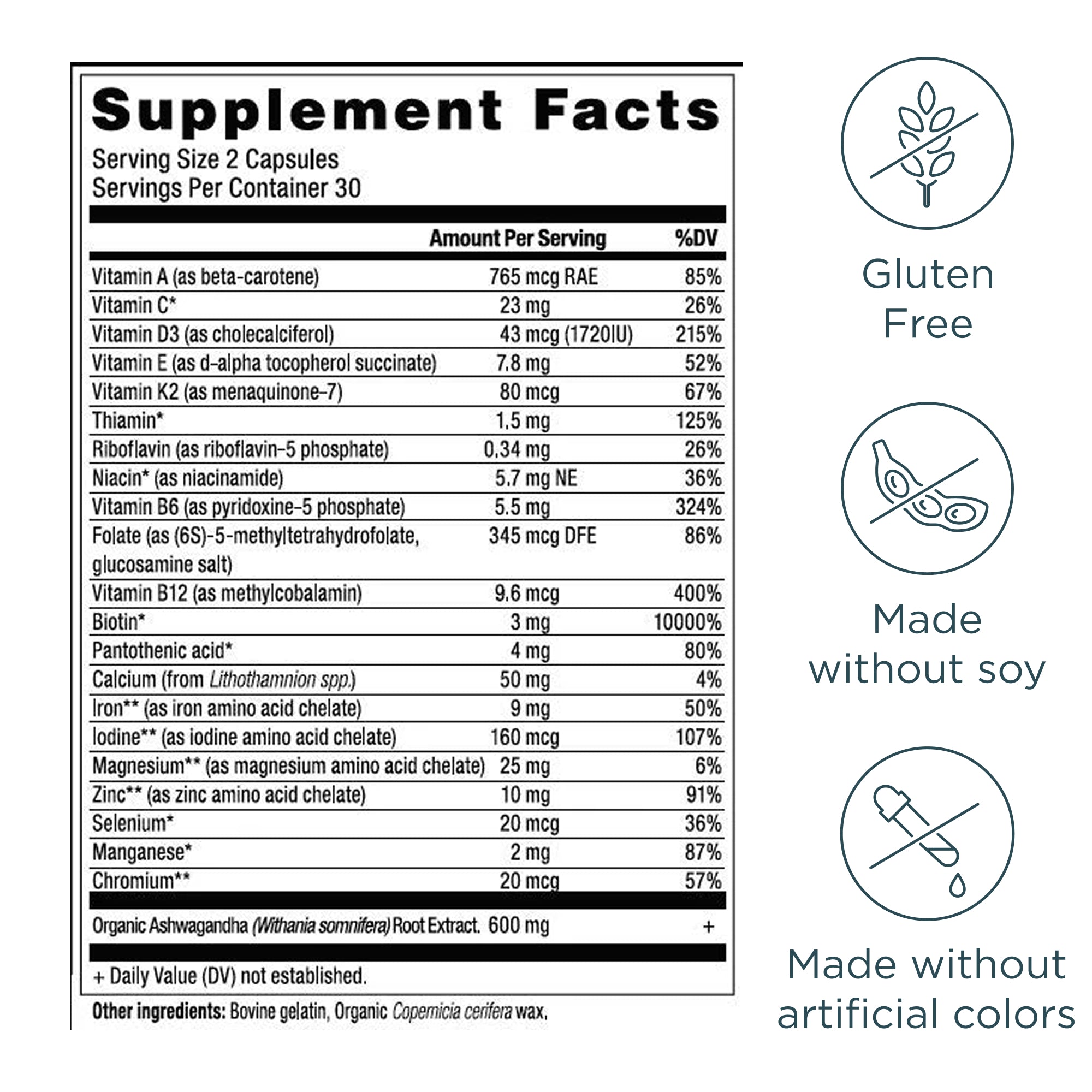 Women’s 50+ Multivitamin Capsules (60 Capsules) supplement facts panel
