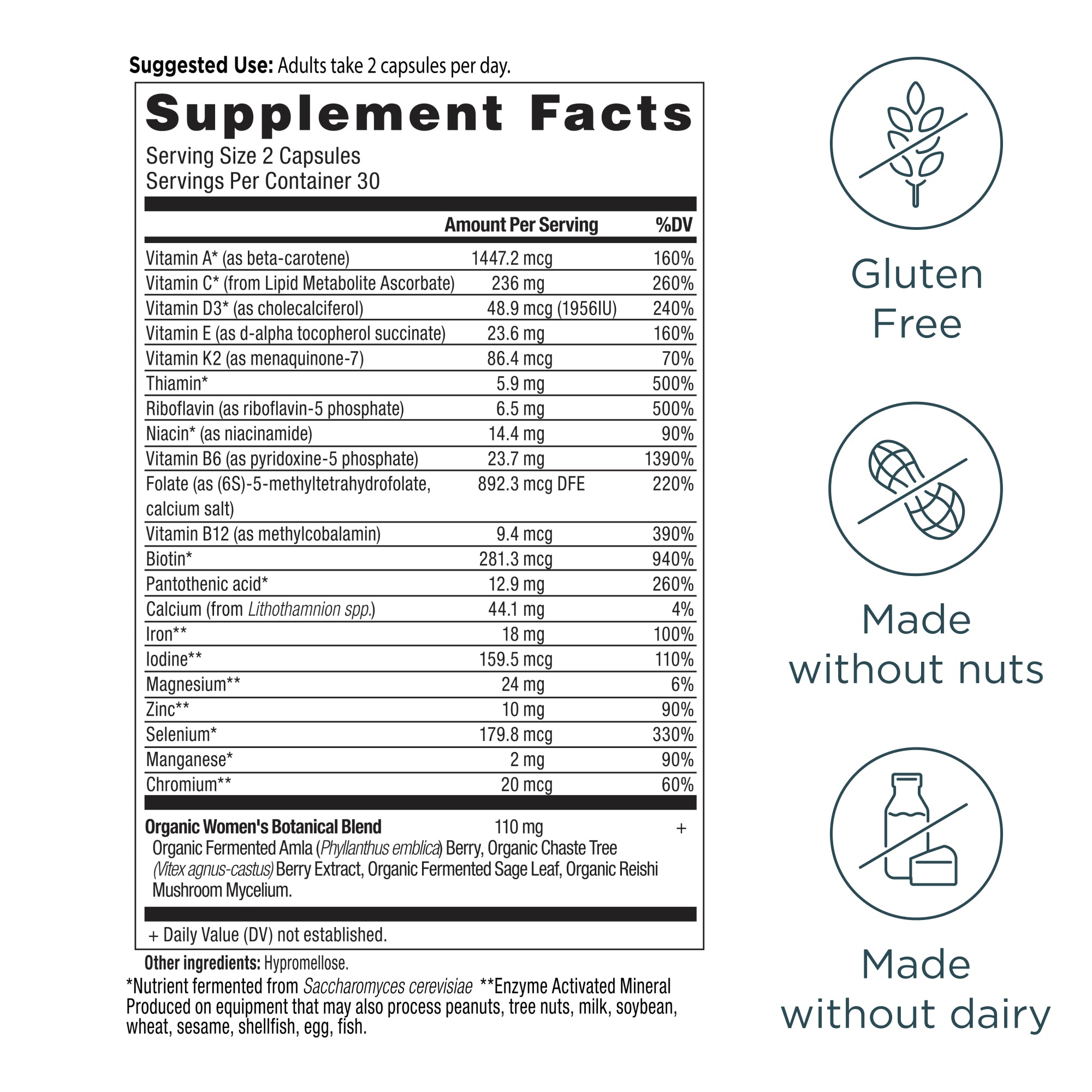 Women's Fermented Multivitamin Capsules (60 Capsules) supplement facts panel