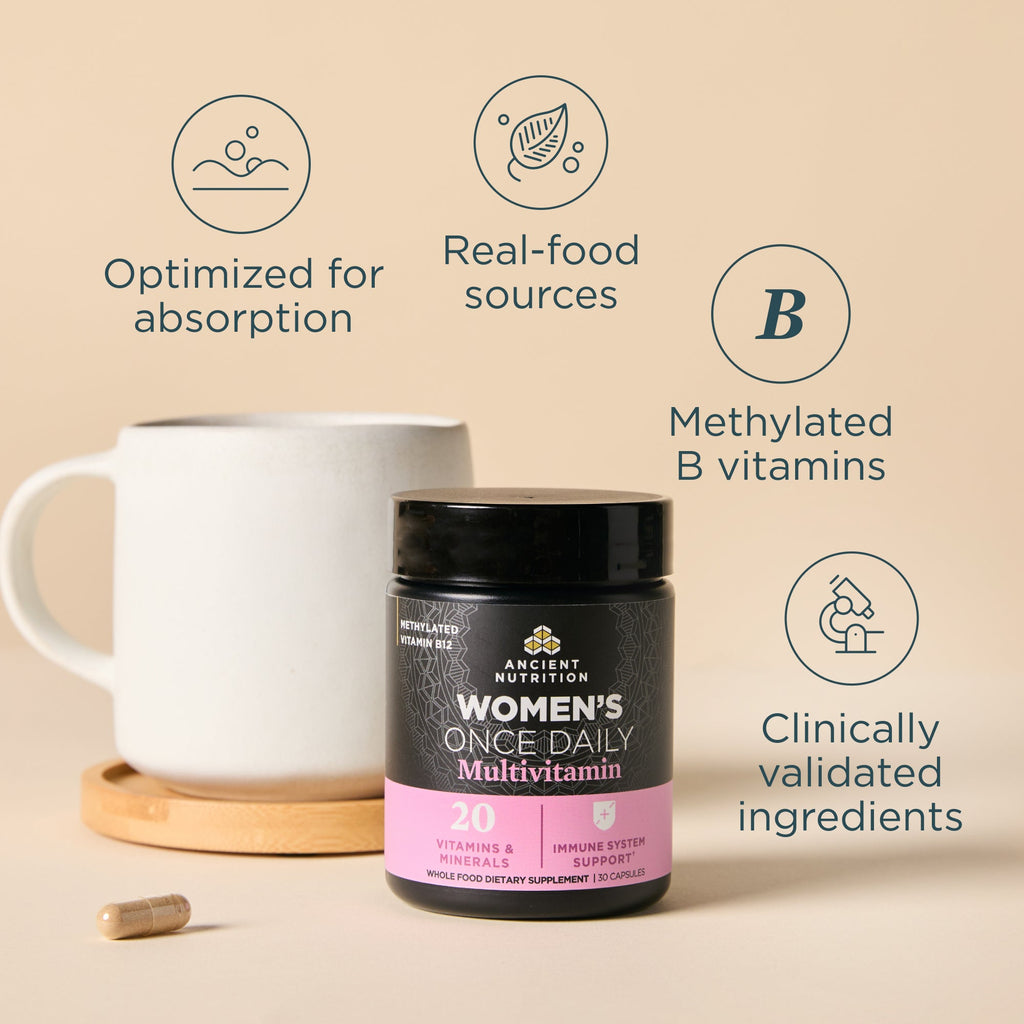 a bottle of Ancient Multivitamin Women's Once Daily Capsules (30 Capsules) with a mug and text highloghting benefits on a beige background