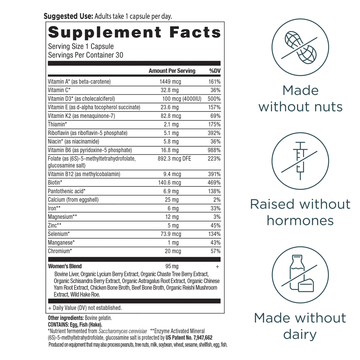Ancient Multivitamin Women's Once Daily Capsules (30 Capsules) supplement facts panel