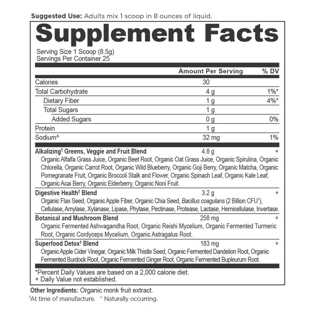 Organic SuperGreens Alkalize & Detox Powder (25 Servings) supplement facts panel
