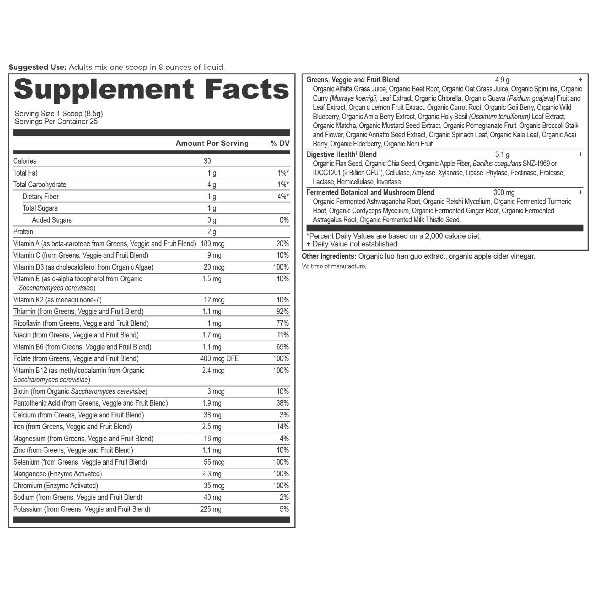 Organic SuperGreens + Multivitamin Powder (25 Servings) supplement facts panel