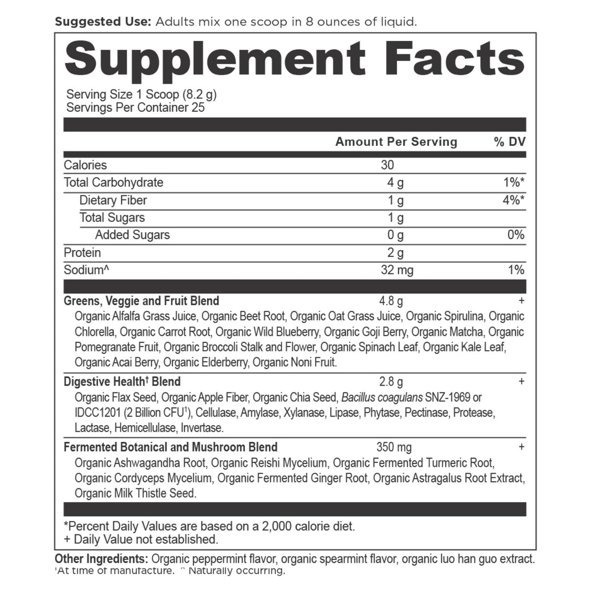 Organic SuperGreens Powder Mint Flavor (25 Servings) supplement facts panel